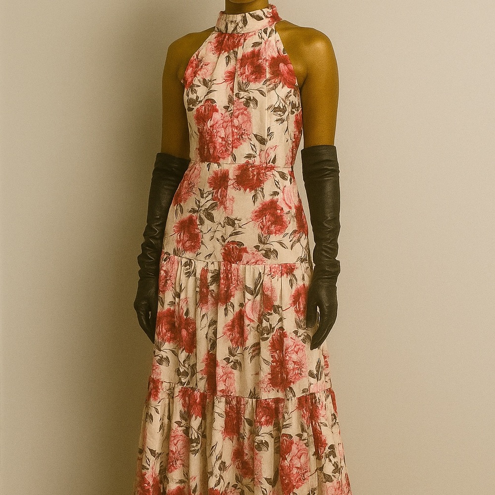 Floral Halter Maxi Dress - Red and Cream